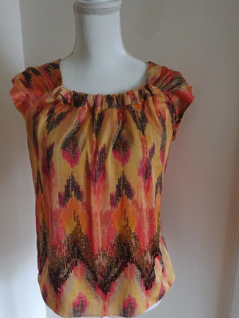 Ann Taylor Yellow Multicolor Printed Cap-Sleeve Blouse